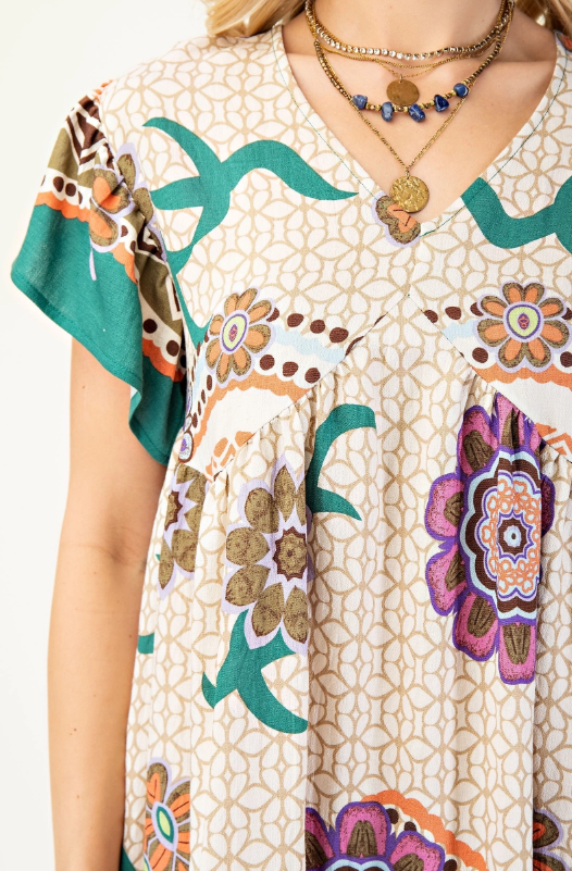 Charlotte V-Neck Printed Dress- Beige/Green - L