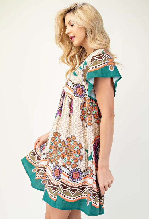 Charlotte V-Neck Printed Dress- Beige/Green
