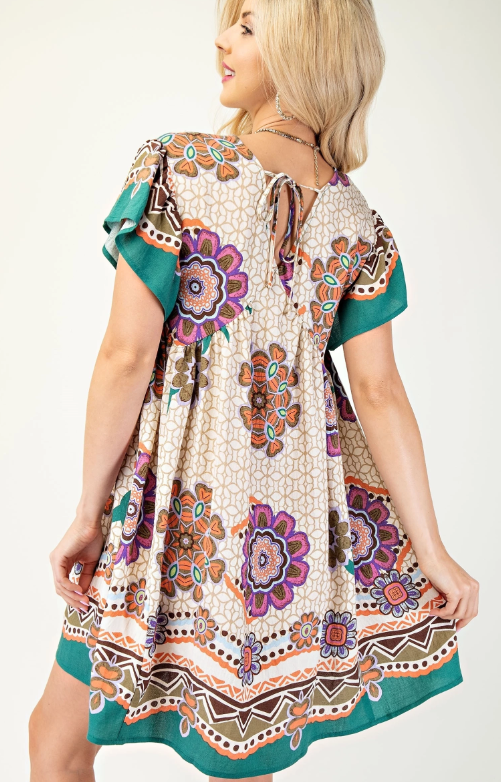 Charlotte V-Neck Printed Dress- Beige/Green - L