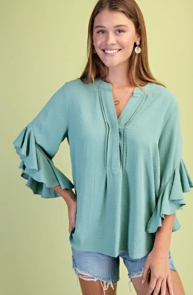 Willow Bell Sleeve Pleated Top- Mint - L