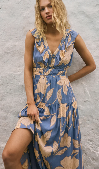 Malene Bloom Floral Maxi Dress- Lake Blue