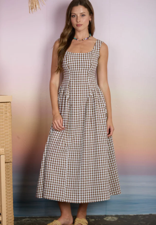 Dolce Plaid Midi Dress- Brown - L