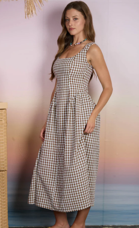 Dolce Plaid Midi Dress- Brown - L