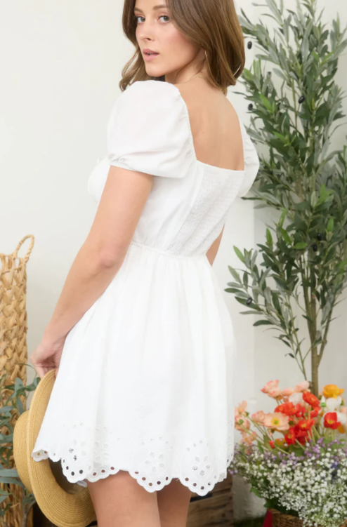 Mena Embroidered Scallop Dress- White