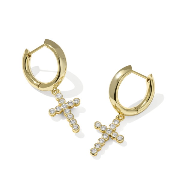 Cross Crystal Huggie Earrings Gold White CZ