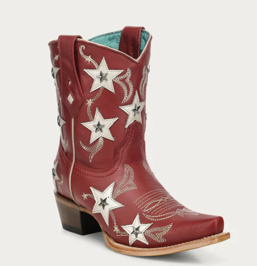 LD Red Embroidery & Stars Overlay & Studs Ankle Boot