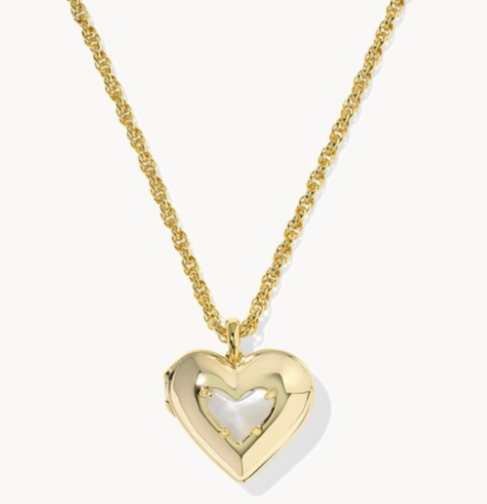 Ari Puffy Heart Locket Short Pendant Necklace Gold Ivory MOP