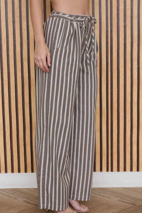 Lori Striped Linen Pants- Brown - L