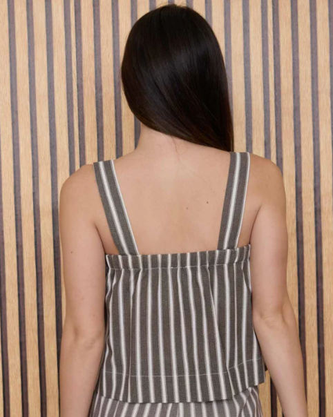 Lori Striped Linen Cami Top- Brown - L