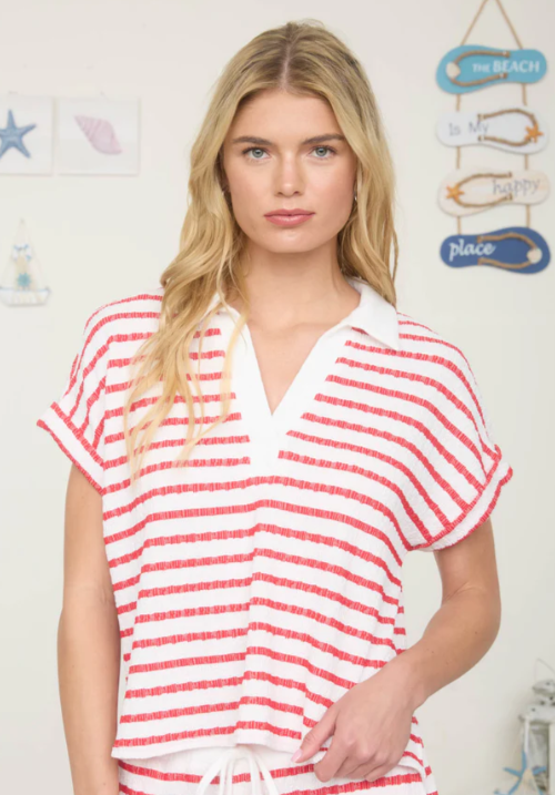 Lili Striped Collared Knit Top- Red - L