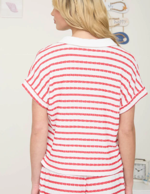 Lili Striped Collared Knit Top- Red