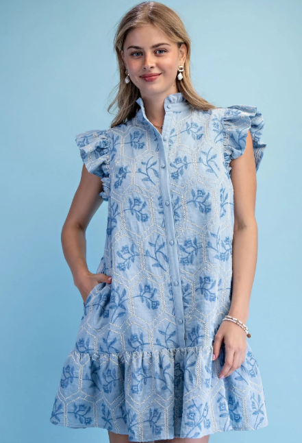 Kaeli Emb. Ruffle Dress- Sky