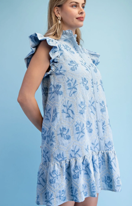 Kaeli Emb. Ruffle Dress- Sky - L