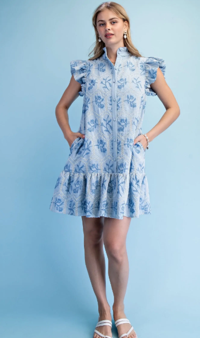 Kaeli Emb. Ruffle Dress- Sky - L