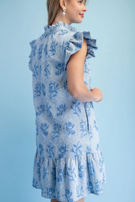 Kaeli Emb. Ruffle Dress- Sky - L