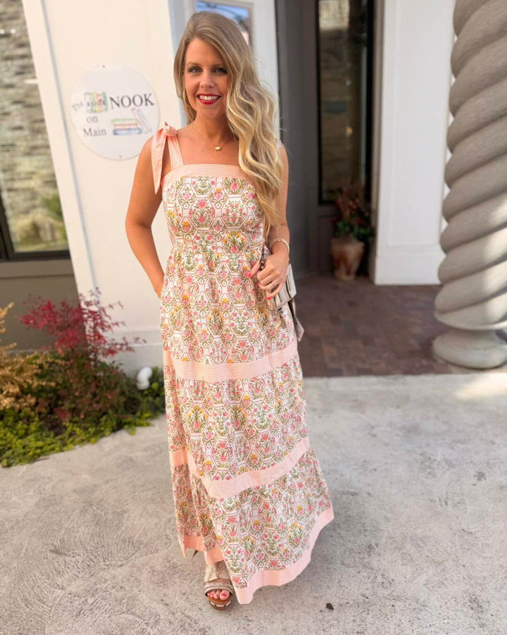 Zoe Tiered Maxi Dress- Peach/Pink - M