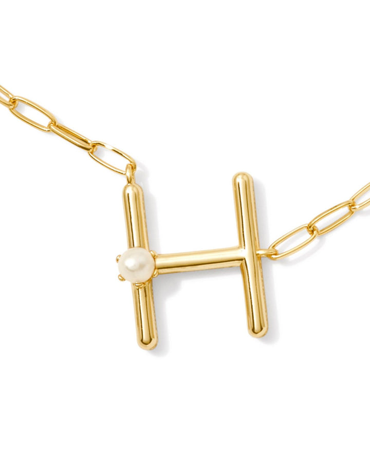 Pearl Letter H Short Pendant Necklace Gold White Pearl