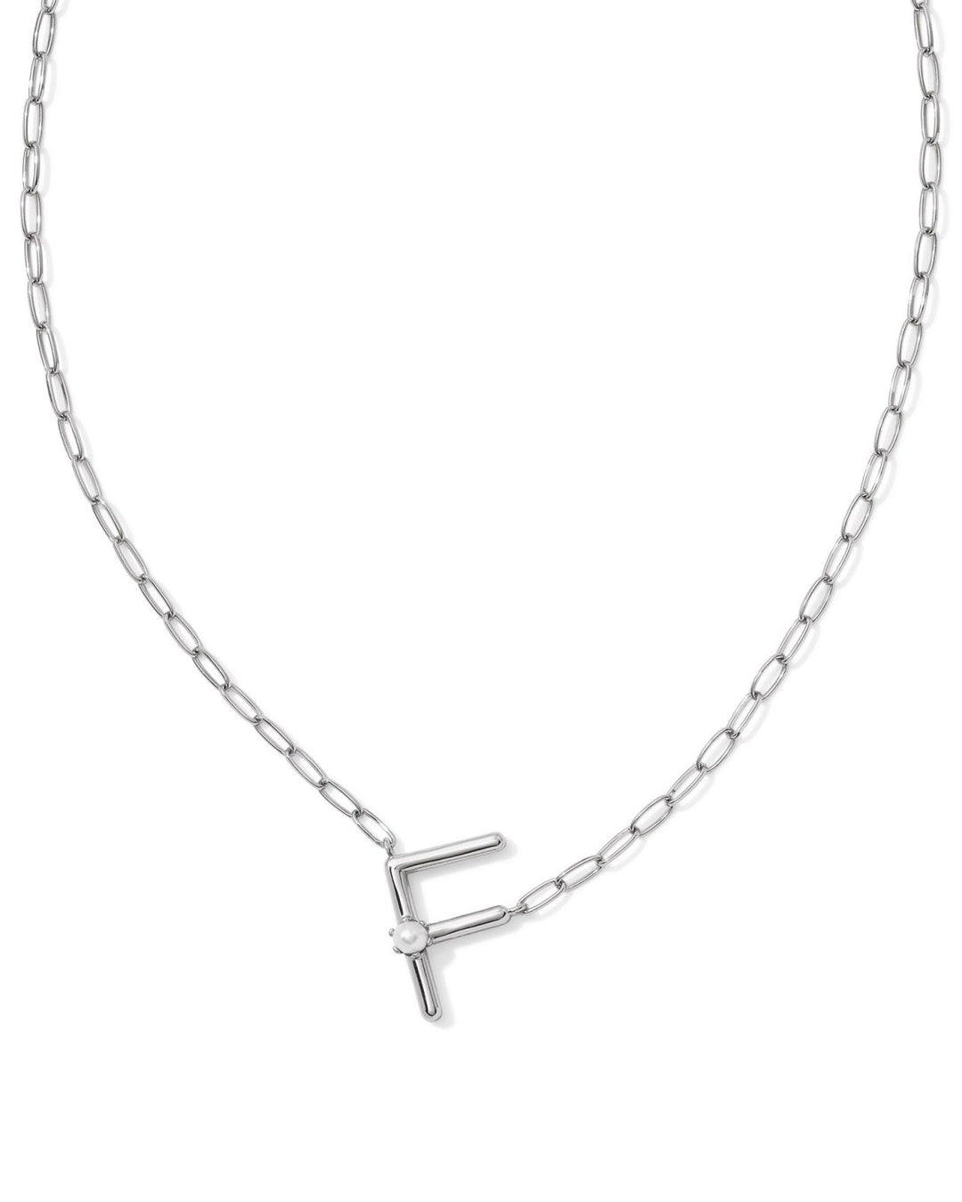 Pearl Letter F Short Pendant Necklace Silver White Pearl