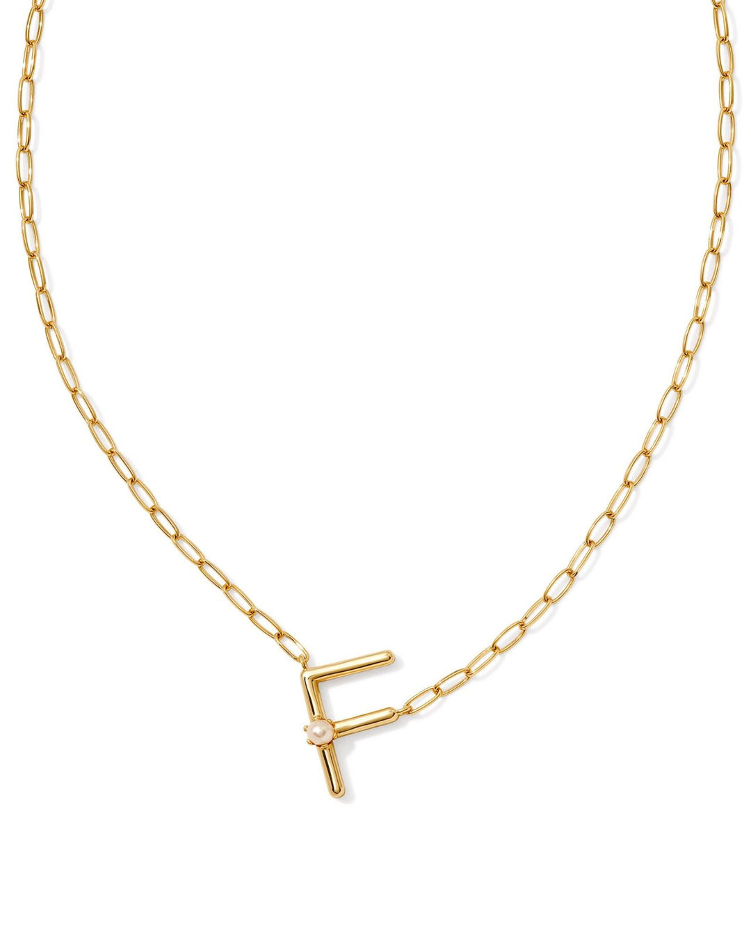 Pearl Letter F Short Pendant Necklace Gold White Pearl