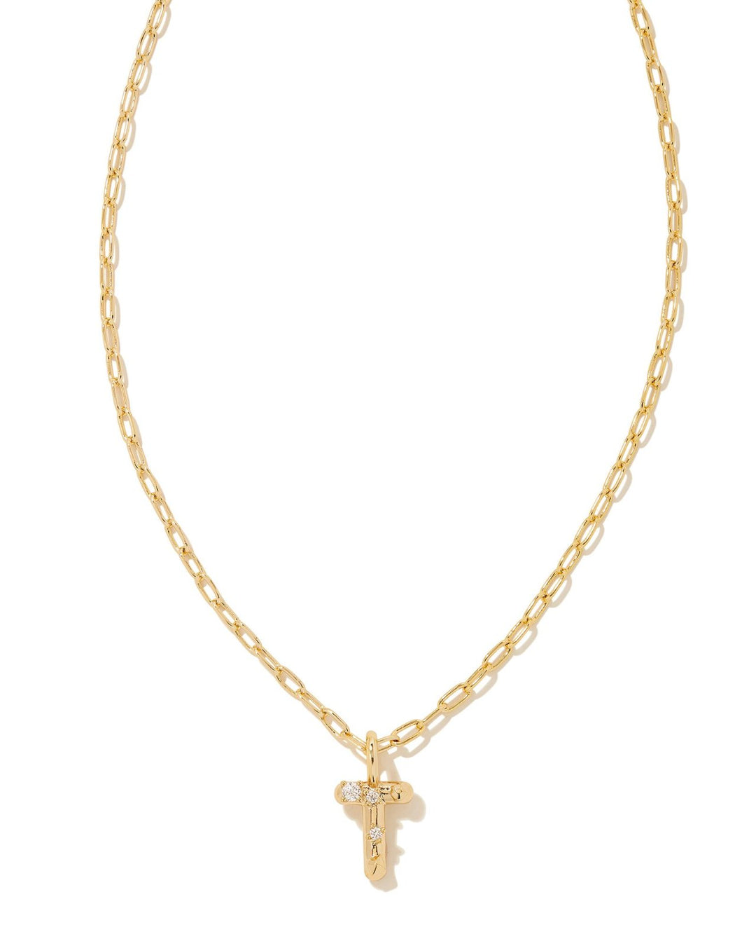 CRYSTAL LETTER T SHORT PENDANT NECKLACE GOLD WHITE CZ