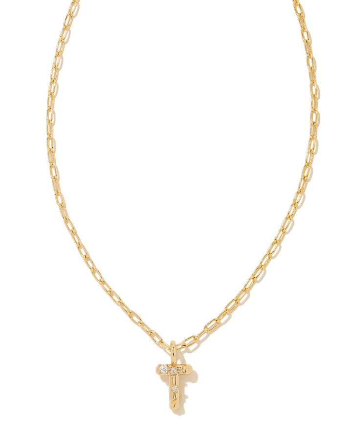 CRYSTAL LETTER T SHORT PENDANT NECKLACE GOLD WHITE CZ