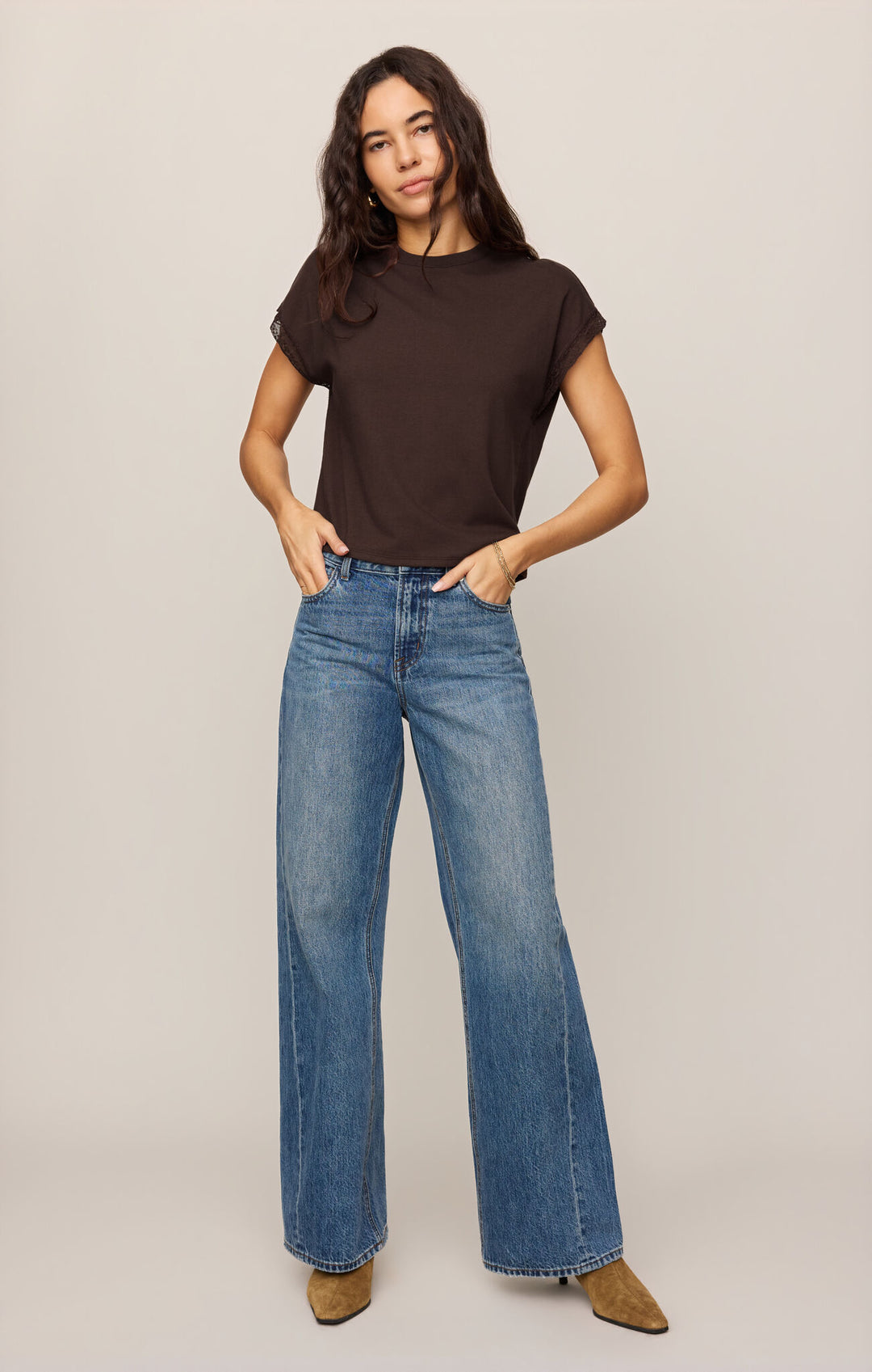 Marika Lace Trim Muscle Tee - Dark Chocolate